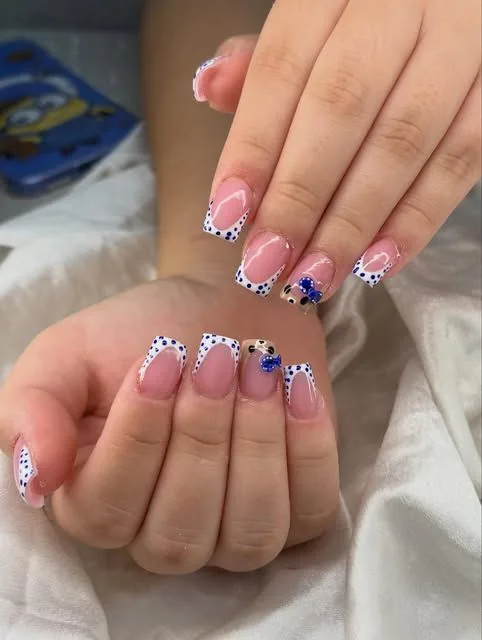 Polka dot French, acrylic nails by Saya Aesthetics